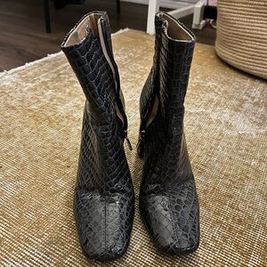 Dark blue Sam Edelman alligator skin patent booties